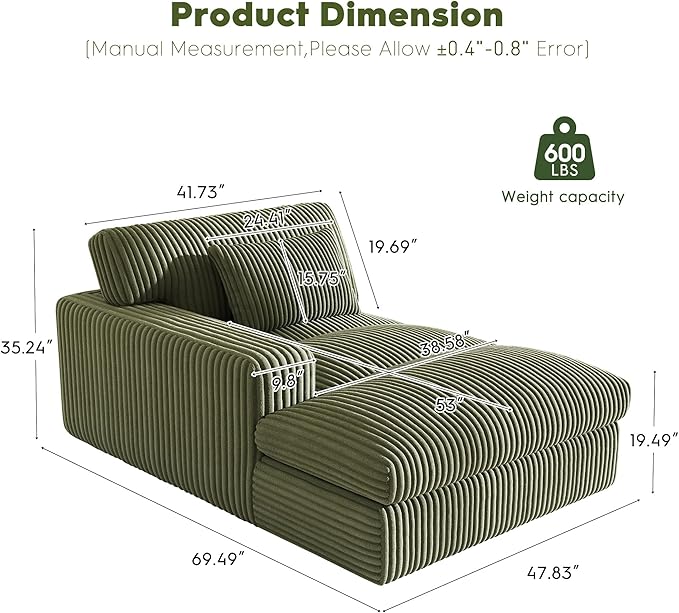 Oversized Chaise Lounge Sofa Chair Indoor，Soft Corduroy Fabric, Boneless sofawith Cushion，A Comfortable, deep-Seated Cloud Sofa for use in The Living Room.(Singler-Left-arm-Green)