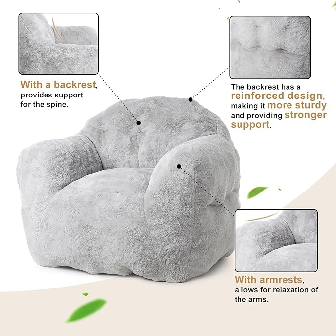 51" Big Bean Bag Chair BeanBag Chairs with Armrests for Adults Kids, Oversized Comfy Chair with Filler Included, Soft Cozy Beanbag Couch Floor Sofa Chair for Living Room Bedroom,Dorm,Grey