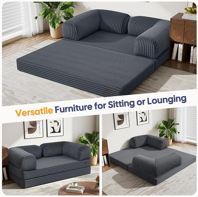 COMAX Futon Sofa Bed, 4-in-1 Floor Foldable Sofa Couch Bed Queen with L-Shaped Armrests, Convertible Folding Chair Bed Sleeper Mattress Fold Out Comfy Lounge for Living Room Bedroom, Faux Fur Ash Gray