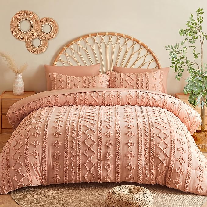 MR&HM California King Comforter Set Coral Pink, 7 Pieces Tufted Boho Beddding Sets, Farmhouse Style Bed in a Bag with 1 Comforter, 2 Pillow Shams, 2 Pillowcases, 1 Flat Sheet, 1 Fitted Sheet