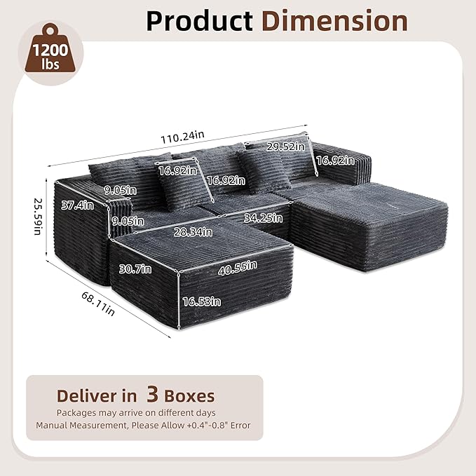 110" Modular Sectional Couch with 2 Movable Ottoman, Cloud Sofa Couches for Living Room, U Shaped Deep Seat Boneless Sofa,Luxury Corduroy Fabric, No Assembly Required Grey