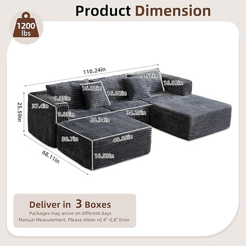 110" Modular Sectional Couch with 2 Movable Ottoman, Cloud Sofa Couches for Living Room, U Shaped Deep Seat Boneless Sofa,Luxury Corduroy Fabric, No Assembly Required Grey