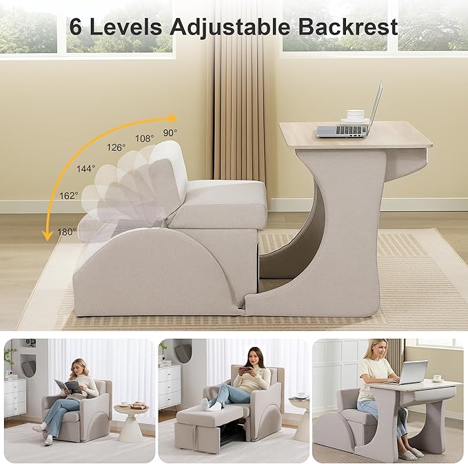 Reading Chair, Chaise Lounge Chair Indoor, 3 in 1 Multiple Convertible Pull Out Lounge Couch, Fabric Reading Chairs, Single Sleeper Sofa with Adjustable Backrest for Dorm, Bedroom, College, White