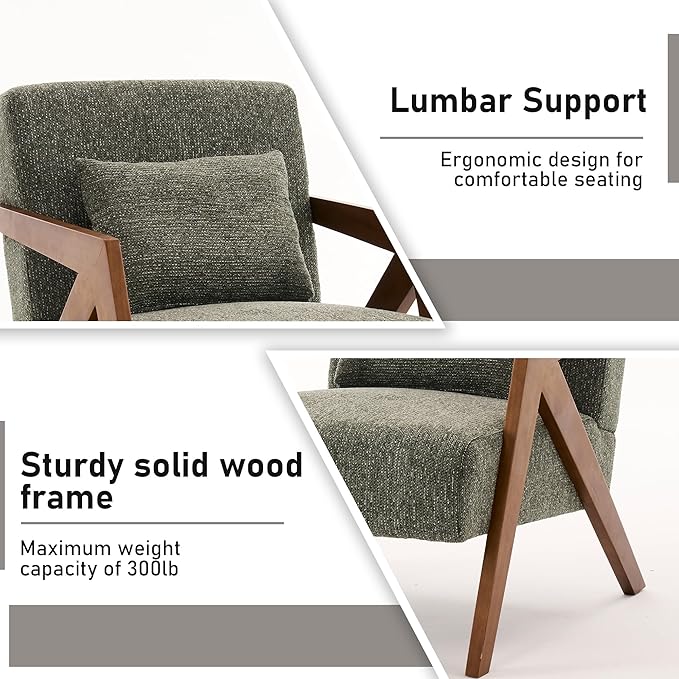 Mid-Century Modern Accent Chair Set of 2 with Solid Wood Frame，Upholstered Chenille Living Room Arm Chairs with Pillow for Bedroom, Living Room, Reading Room, Balcony, Green