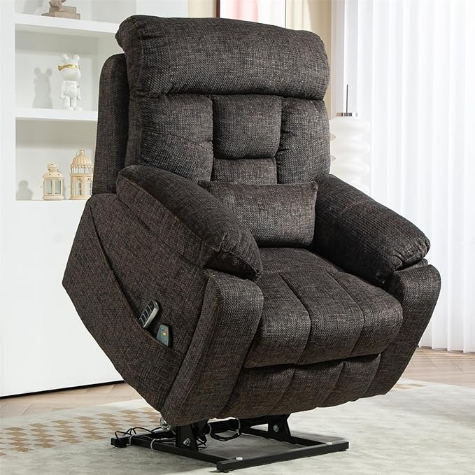 Lay Flat Power Lift Recliner Chair, | 400lbs | 25.5in Extra Wide | 4-Motor | Heat, Massage, Hidden Cup Holder, Sleeping | Big Man, Elderly (Charcoal Grey)