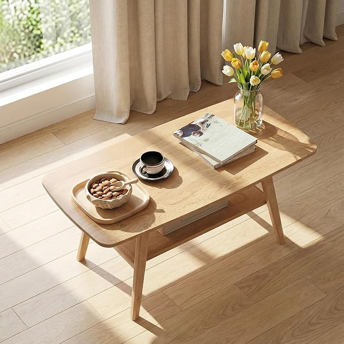 Mid Century Modern Coffee Table: 100% Solid Wood Coffee Table - 2-Tier Storage Design - Practical Coffee Tables for Living Room, Apartment, Easy Assembly (Natural, 39.37")