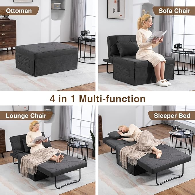 4 in 1 Sleeper Chair, Convertible Sleeper Sofa with Ottoman, Ottoman Bed for Adults, Sofa Bed with Adjustable Backrest for Living Room Apartment Office, Dark Grey