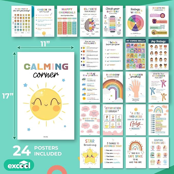 EXCOOL CLUB 24 Calming Corner Posters For Classroom Decor - Feelings Chart For Kids Ages 4-8, Feelings Poster Calm Down Corner Supplies, Elementary Classroom Must Haves For Teacher (11x17)