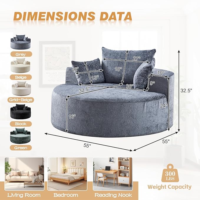 55"W Oversized Round Chair Lounge Chaise Indoor, Upholstered Comfy Circle Sofa Armchair, Modern Cozy Boneless Foam Floor Reading Chair for Living Room, Bedroom, No Assembly Required(Chenille, Grey)