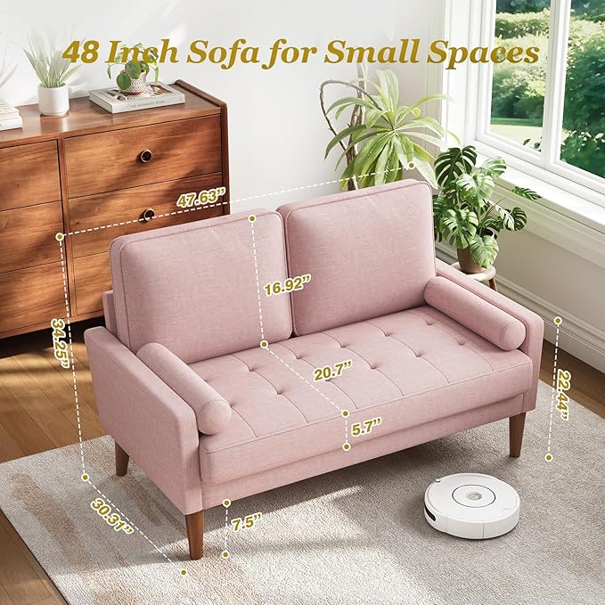 Loveseat Sofa with Solid Wood Legs, 48" Small Couches for Small Spaces, Love Seat for Living Room, Bedroom, Easy Assembly Mid Century Modern Couch with Throw Pillow for Apartment, Pink