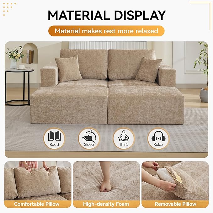 83'' Boneless Loveseat Sofa, Comfy Deep Seat Cloud Couch with 2 Moveable Ottoman, No Assembly Chenille Love Seat for Living Room, Camel
