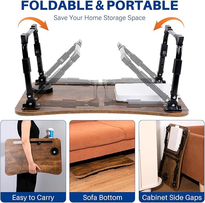 BYMECOST Laptop Desk for Bed, Height Adjustable Laptop Bed Table, Foldable Portable Lap Desk Stand with USB/Storage Drawer/Cup Holder/Slot, Breakfast Tray for Working Reading Writing Eating