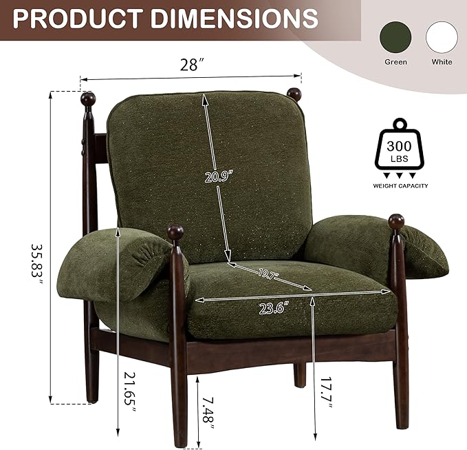 AQO Mid Century Modern Accent Chair and Armchair, Plush Lounge Chair Set of 2 for Living Room, Soft Cushion & Solid Wood Frame, Green