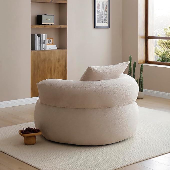 Round Boneless Cotton Linen Bean Bag Chair with Side Pocket - Compressed No Assembly Barrel Chaise Lounge, Soft Floor Sofa for Living Room & Bedroom (Khaki)