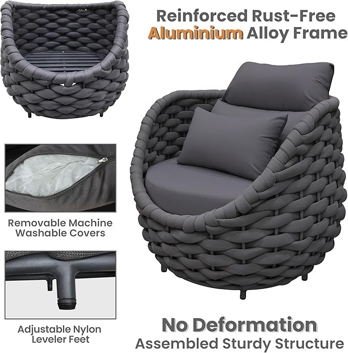 Erotr Rope Outdoor Patio Furniture Set: 6 Pieces Aluminum Porch Conversation Sofa Set - Modern Woven Deck Couch Set Cushioned - No Assembly All Weather for 660lbs Yard Garden Lanai Hotel, Dark Gray