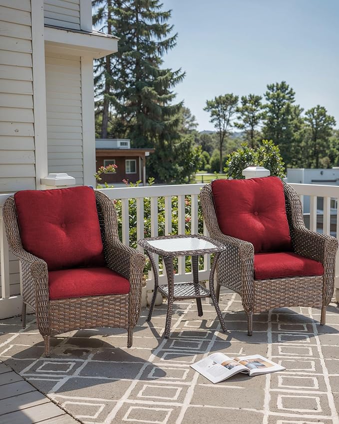 ACTREST Patio Wicker Chairs Outdoor Furniture Chair - Set of 2 Outside All Weather Lawn Dining Brown Rattan Armchair with High Back&Deep Seating for Deck Porch Balcony Backyard Garden - Red