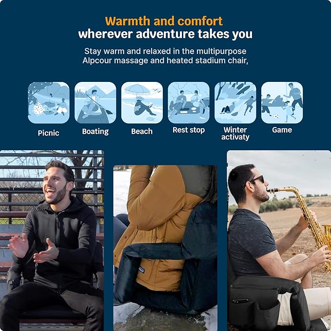 Alpcour Heating Massage Stadium Seat – Deluxe Reclining Bleacher Chair with Back & Arm Support – Built-in Heater and Massager - Extra Thick, Lightweight and Waterproof with Detachable Pockets