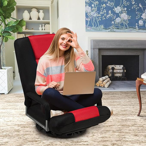 360° Swivel Chair 6 Adjustable Positions Backrest with Armrest Foldable Floor Chairs Suitable for Reading, Relaxing, Mediation,Red