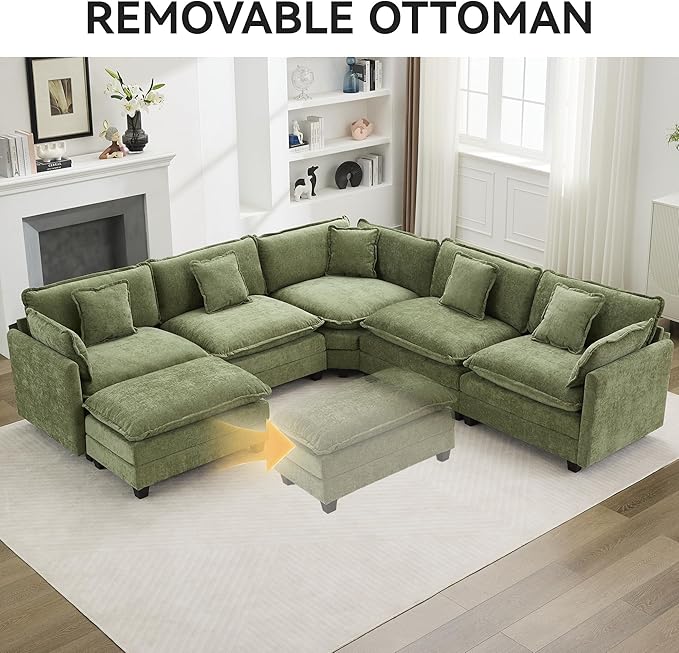 113'' V Shaped Cloud Sectional Sofa, Oversized Deep Seat Couches for Living Room, Chenille Comfy Upholstered Modular Sectional Sofa Couch, Green