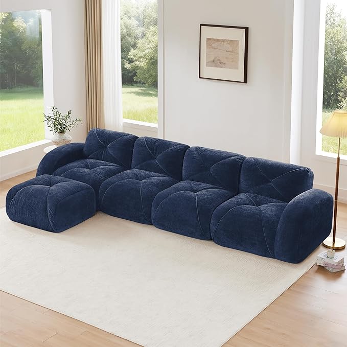 Modular Sectional Sofa with Free Combination,Oversized Boneless Floor Couch for Living Room & Lounge,Velvet 4-Seater Sectional Couch with Ottoman,No Assembly Needed