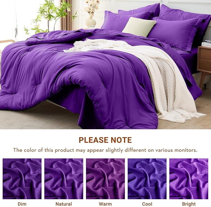 MUXHOMO 7 Pieces Queen Comforter Set, Soft Bed in a Bag Queen Size, All Season Bedding Set with Comforter, Flat Sheet, Fitted Sheet, Pillowcases & Shams, Purple