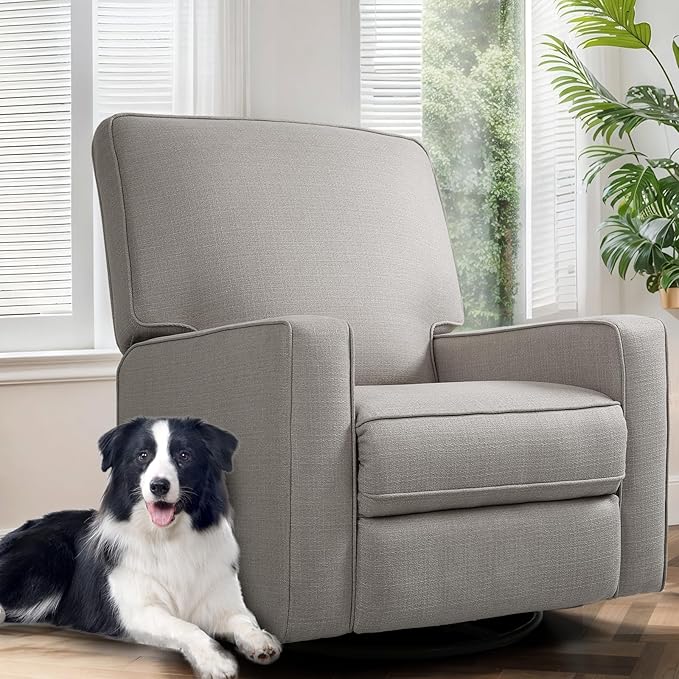 KeyEnergy Swivel Rocker Recliner Chair for Adults, High Back Fabric Recliner with Deep Seat, Manual Glider for Living Room & Nursery, Grey