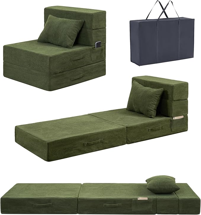 HILERO Folding Sofa Bed, 4 in 1 Convertible Sleeper Chair with Pillow, Single Memory Foam Fold Out Chair Bed, Modern Floor Futon Sofa Couch Mattress for Living Room/Guest/Apartment, Green
