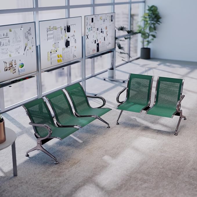 Kinfant 5-Seat Waiting Room Chair - Office Guest Reception Chairs with Ergonomic Backrests, Airport Waiting Bench with Armrests, Metal Waiting Furniture for Hospital, Dark Green (2-Seater+3-Seater)