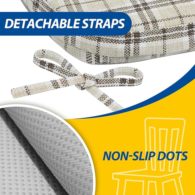 AAAAAcessories D-Shaped Chair Cushions, 2" Thick Dining Chair Pads with Ties and Removable, Machine-Washable Cover, 17" x 16", Set of 2, Yellow Checkered