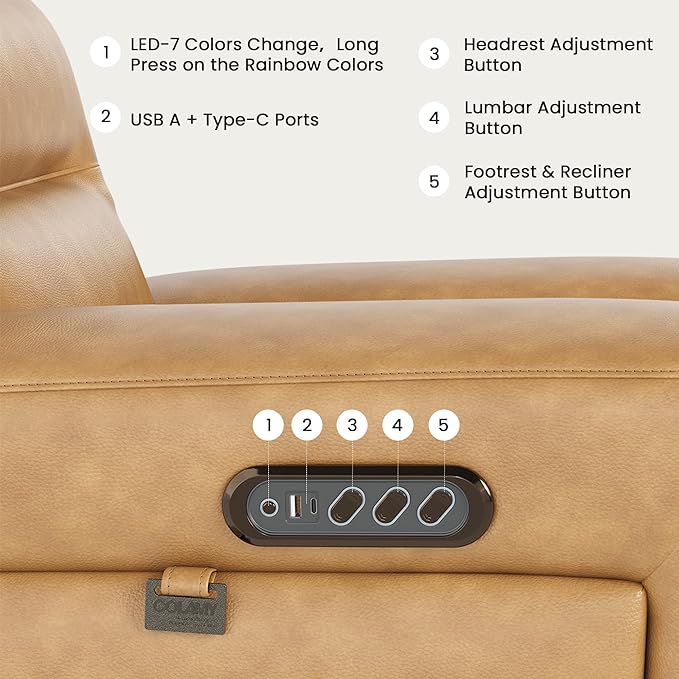 COLAMY Aura Triple Motors Power Recliner Chairs with USB and Type C Port, Home Theater Chair with LED Lights, Electric Wall Hugger Recliner for Living Room, Light Brown