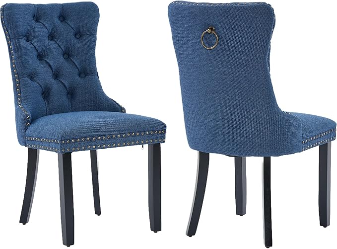 YeahFurn Blue Mid Century Modern Dining Chairs Set of 2, Linen Upholstered Kitchen & Dining Room Chairs with Nailhead Trim & Solid Wood Legs, Elegant Sillas De Comedor (Blue, 2 Pcs)