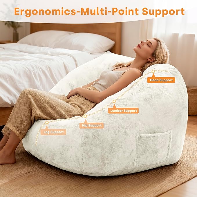 COSIEST Bean Bag Chair, Big Comfy Couch with Armrests, Furry Beanbag Chair with Foam Filler for Adults & Kids, Stuffed Accent Sofa for Reading, Lounge Floor Sofa for Living Room, Bedroom, Cream