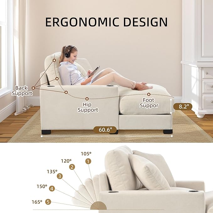 Oversized 60" Chaise Lounge Sofa, Chaise Lounge Recliner with Adjustable Backrest, Built-in Cup Holder USB and Type-C Port, 2 Pillows, Sleeper Couch with Deep Seat for Living Room, Bedroom, Beige
