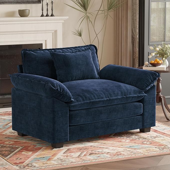 HUSFU 49.5'' W Oversized Accent Chair, Chenille Cloud Sofa Chair with Deep Seat and Extra Wide Armrests, Comfy Reading Armchair for Bedroom, Living Room, Blue