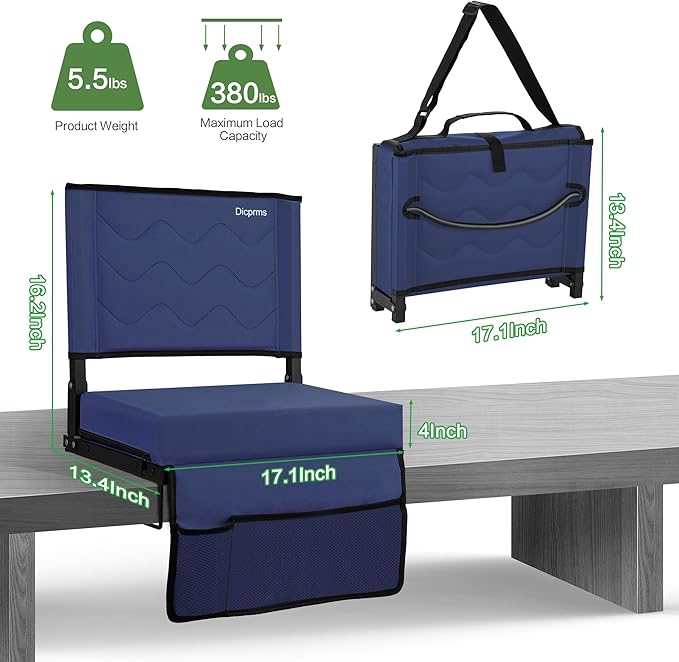 Stadium Seats for Bleachers with Back Support, Bleacher Chairs with Back and Cushion,Bleacher Seats Portable Stadium Seats Thick Padded Folding Chair Comfort for Sports Events,Navy Blue
