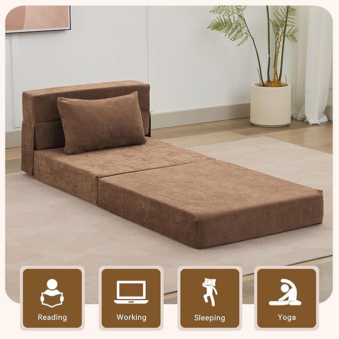 Folding Sofa Bed Convertible Floor Couch Foldable Chair Bed with Pillow，Linen Sleeper Chair Futon,Foldable Memory Foam Mattress for Bedroom/Living Room/Dorm/Office (Brown, Single)