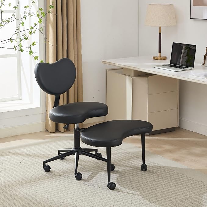 Meditation Chair with Lumbar Support,360° Swivel Cross Legged Chair with Wheels, Ergonomic Cross Legged Office Chair for Adults with ADHD, Height-Adjustable Yoga Chair, PU Leather, Ivory
