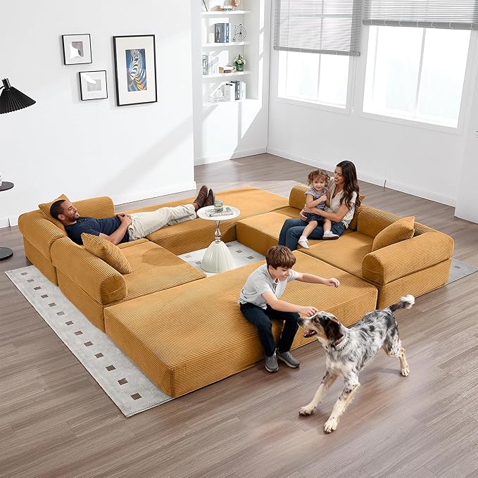 L Shape Convertible Sofa Bed with Cylindrical Pillow and Storage Pocket, Convertible Sofa Couch Bed with Support Frame for Living Room Bedroom Children Room-Yellow
