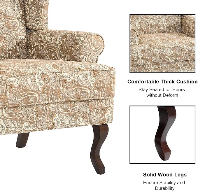 DREAMSIDEA Accent Chair, High Back Upholstered Armchair with High Resilience Sponge & Wood Legs, Mid-Century Modern Comfy Single Sofa Reading Chairs for Living Room, Bedroom (Floral Sand, Set of 1)