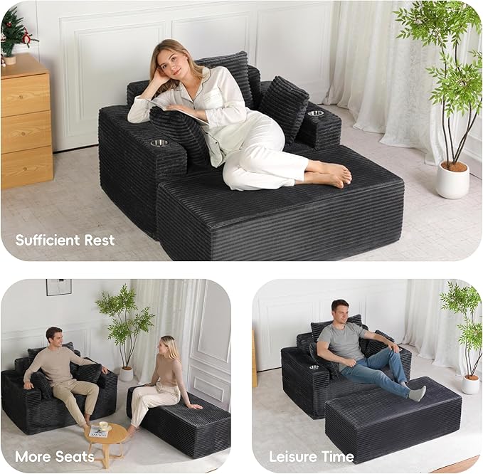54"W Oversized Chaise Lounge Chair Indoor, Boneless Chaise Lounge Couch, Convertible Comfy Reading Chairs, Compression Sofa with Ottoman, Corduroy Sleeper Couch Chair for Living Room, Dark Grey