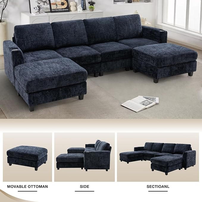 Lesofair 110" Chenille Sectional Sofa with Movable Ottomans, Modular U-Shape Couch with Cup Holders, Convertible 4 Seater Sofa with Well-Filled Backrest Cushions for Living Room, House, Blue