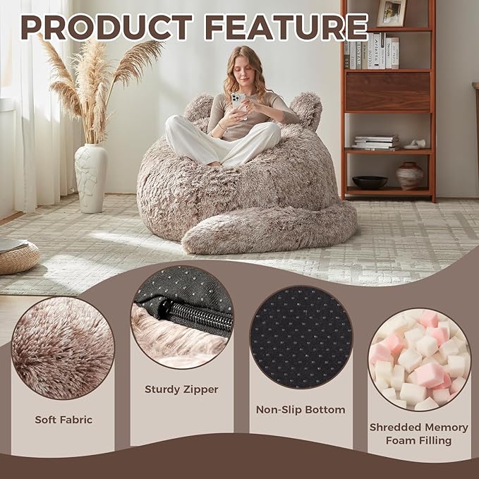 Bean Bag Chair for Adults Teen,Giant Bean Bag Chairs Cat Design,Plush Faux Fur Beanbag Couch Comfy Accent Floor Sofa for Reading, Playing, Relaxing in Living Room, Bedroom