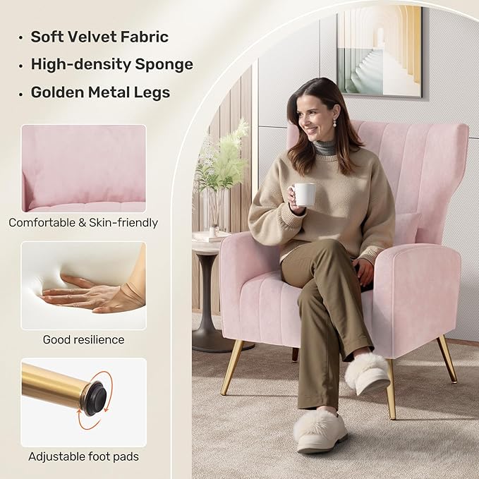 Nalupatio Modern Accent Chairs for Living Room Chairs Upholstered Velvet Fabric Reading Chair Mid Century Arm Chair Comfy Armchair,Pink