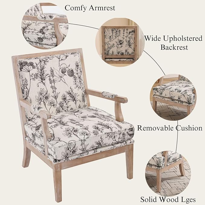 DM Furniture Mid Century Modern Accent Chair Upholstered Living Room Chairs with Armrest Linen Comfy Lounge Armchair Retro Solid Wood Reading Chair for Bedroom, Guest Room, Balcony, Khaki Stripe