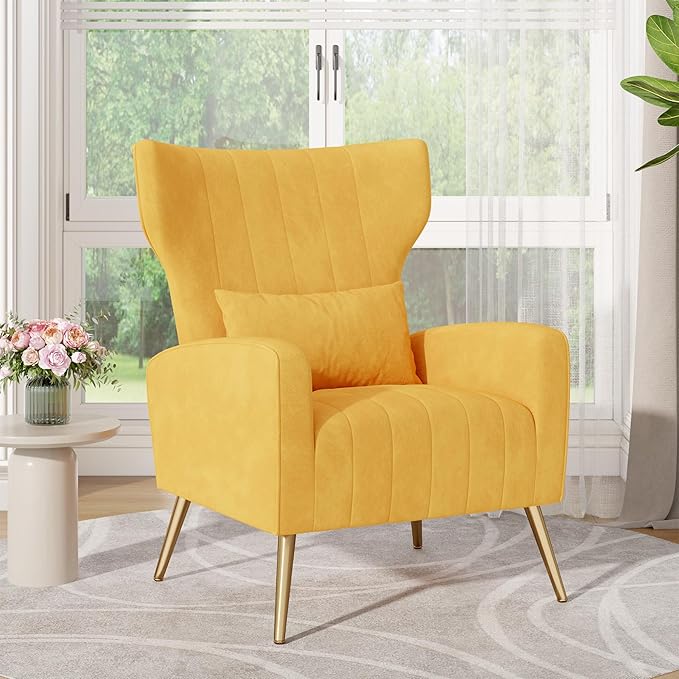 Nalupatio VModern Accent Chairs for Living Room Chairs Upholstered Velvet Fabric Reading Chair Mid Century Arm Chair Comfy Armchair,Yellow