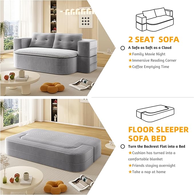 79" Foldable Floor Couch, 2-Seat Convertible Sleeper Sofa with Blanket and 2 Soft Pillows, Corduroy Fabric, for Living Room, Bedroom, Apartment, No Assembly Required, Light Grey