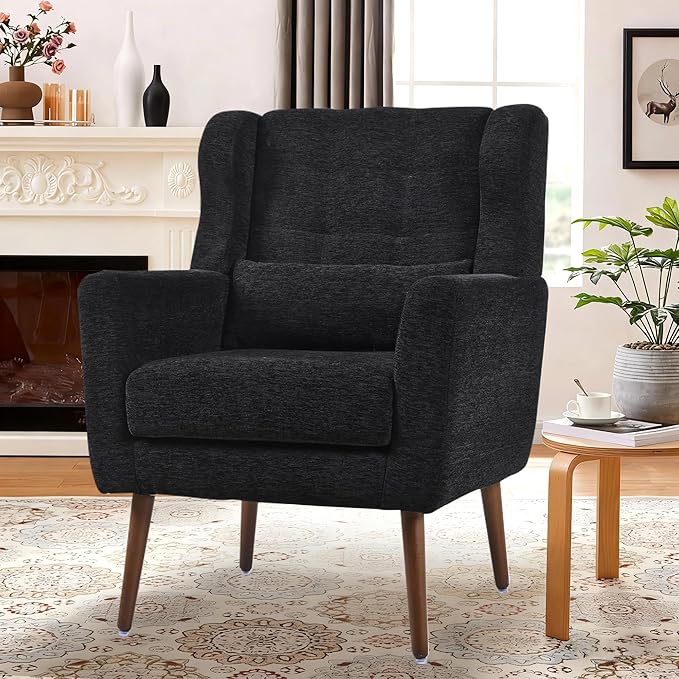 QKFF Modern Accent Chair, Upholstered Armchair with Pillow, Fabric Single Sofa Chair with Lounge Seat Solid Wood Legs Accent Chair for Living Room Bedroom Small Spaces(Black)