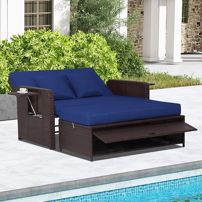 RELAX4LIFE Wicker Patio Outdoor Daybed - Rattan Day Bed Lounger with Loveseat & Storage Ottoman, Sunbed Sofa Set w/Cushions, 4-Level Adjustable Backrest & 2 Retractable Trays, Patio Daybed (Navy)