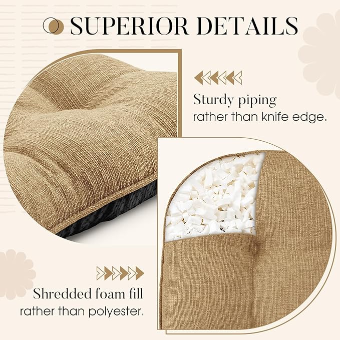 Basic Beyond Chair Cushions for Dining Chairs 4 Pack, Chair Cushion with Ties and Non Slip Backing, 15.5 x 15.5 inches Tufted Chair Pads for Dining Chairs(Taupe)