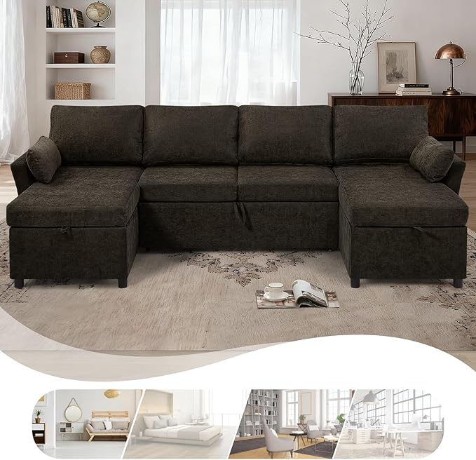 ACMEASE 107 Inches Fabric Sectional Sofa with Pull Out Sofa Bed, Modern U Shaped Sofa with Throw Pillows, Comfortable Sleeper Couch with Storage Chaise for Living Room, Brown